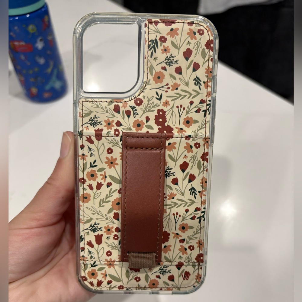 Walli Floral I Phone 16 plus Case with Brown Strap and card holder